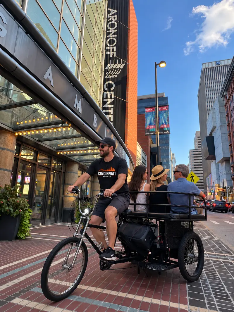 Pedicab carrying a small group past the Aronoff Center for the Arts in downtown Cincinnati