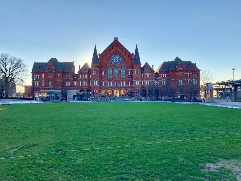 Cincinnati Music Hall across the lawn of Washington Park in Over-the-Rhine