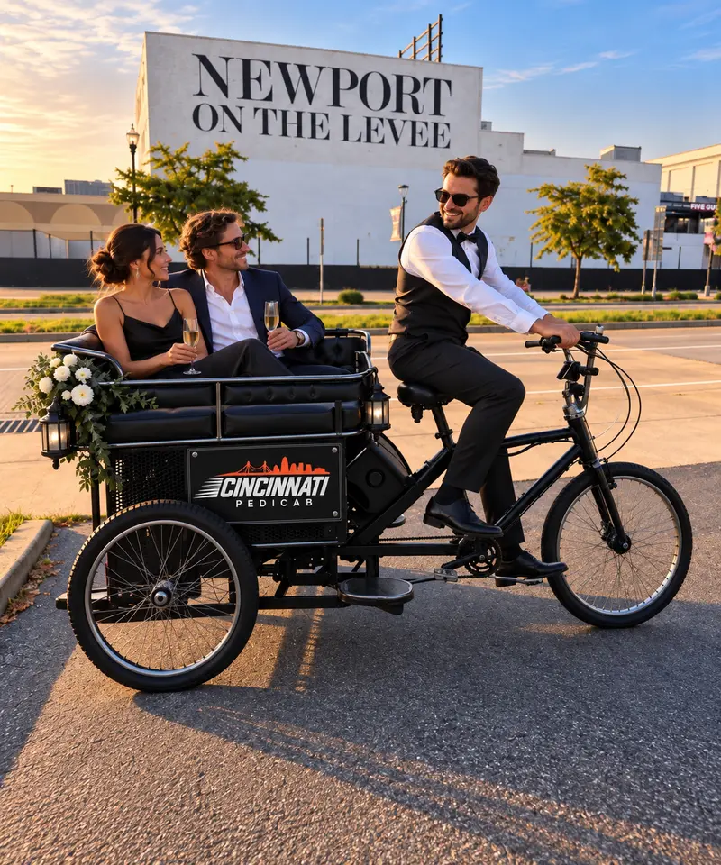 Driver in a vest pedaling a formally dressed couple past the Newport on the Levee sign